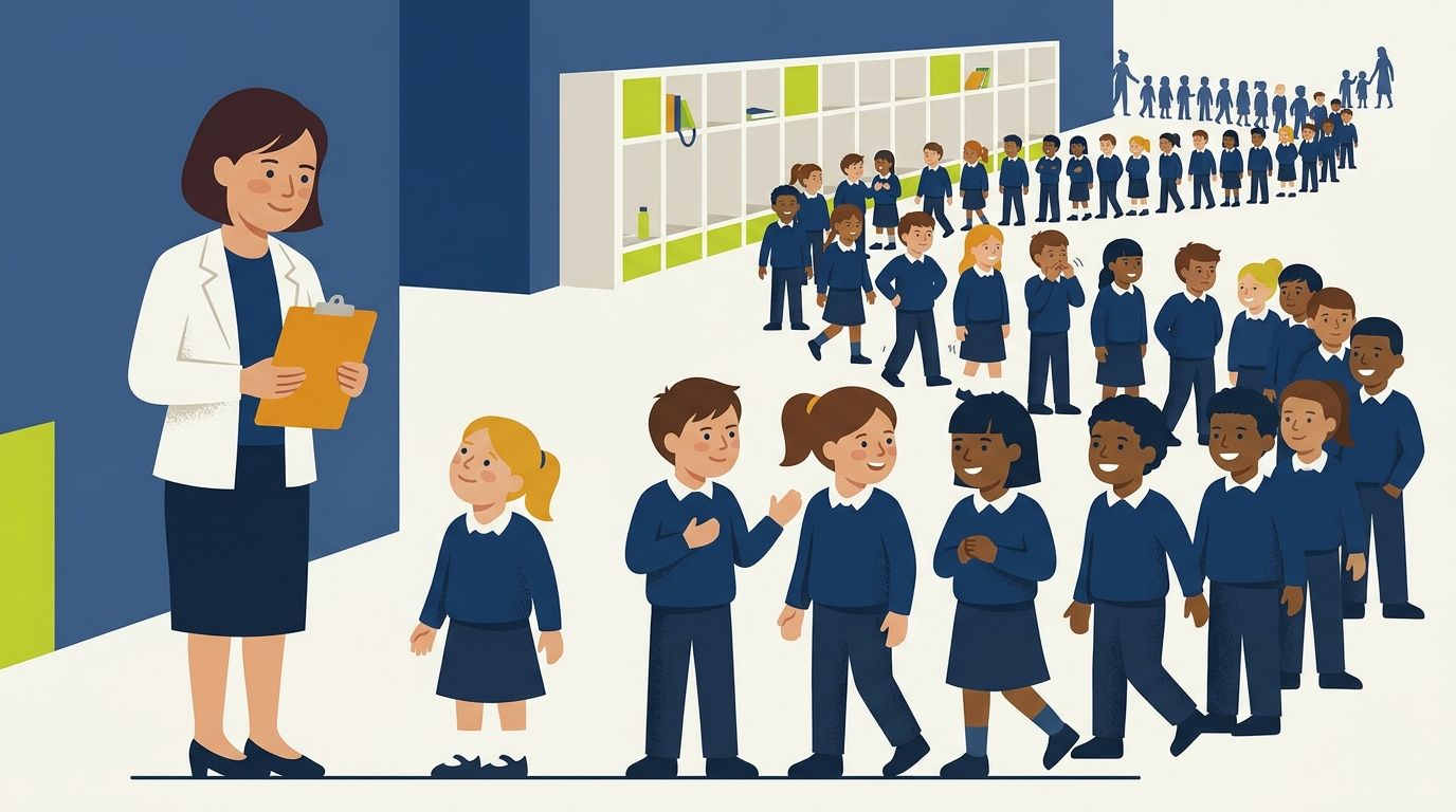 One staff member with a clipboard stands in a school corridor as a long line of children waits for her.