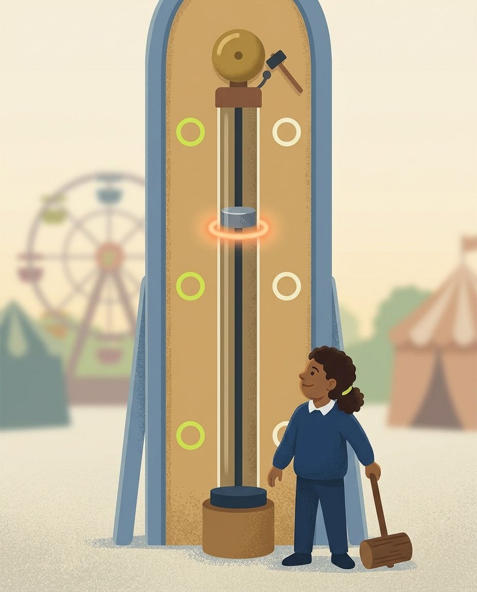 A strength tester with the puck stopped halfway up the tower, short of the bell; a pupil stands at its base holding the mallet, smiling.