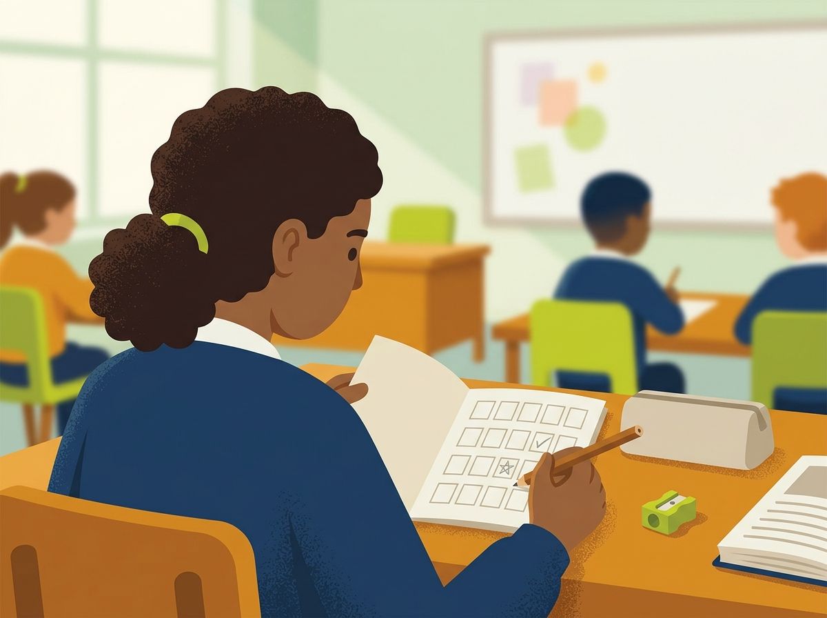 Over-the-shoulder view of a pupil at a classroom desk filling in a grid in a small booklet with a pencil.