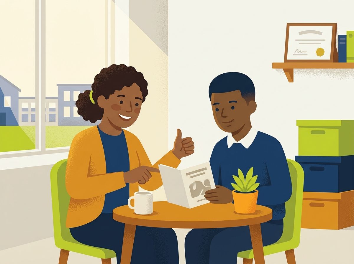 A smiling mentor gives a thumbs-up as she looks through a small booklet with a pupil at a table.