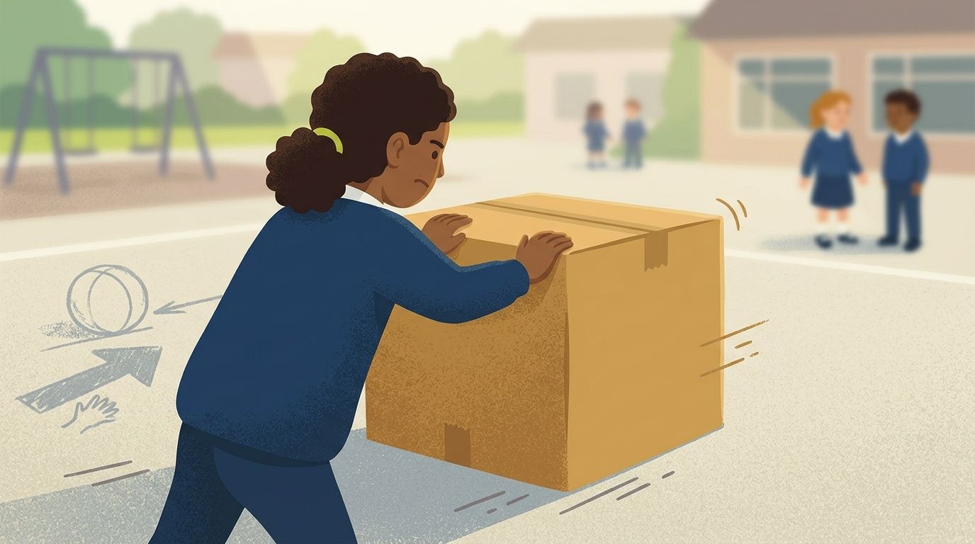 A pupil leans into a heavy box on the playground as it starts to slide, with a chalk drawing of a ball and a push arrow behind.